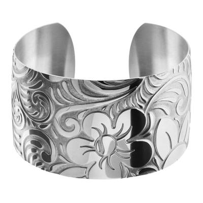 Women's Polished Stainless Steel Flower Design Cuff Bracelet