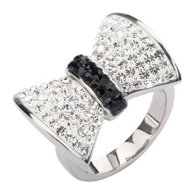 Women's Polished Stainless Steel Bow Ring with Ferido Set Black and Clear Pave Crystals