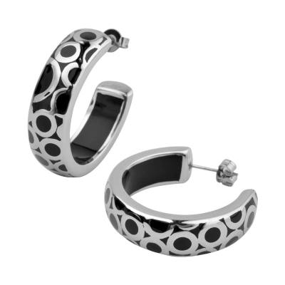 Women's Stainless Steel Black Resin Post Earrings with Steel Circle Pattern