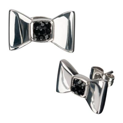 Women's Polished Stainless Steel Bow Stud Earrings with Ferido Set Black Pave Crystal Gems in the Middle