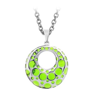 Women's Stainless Steel Green Resin Doughnut Pendant with Steel Circle Cutout Pattern. Chain included. 16-20" long.