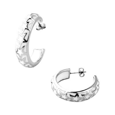 Women's Stainless Steel White Resin Post Earrings with Steel Star Pattern
