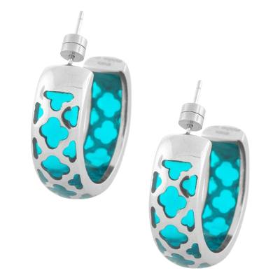 Women's Stainless Steel Aqua Resin Post Earrings with Steel Clover Pattern