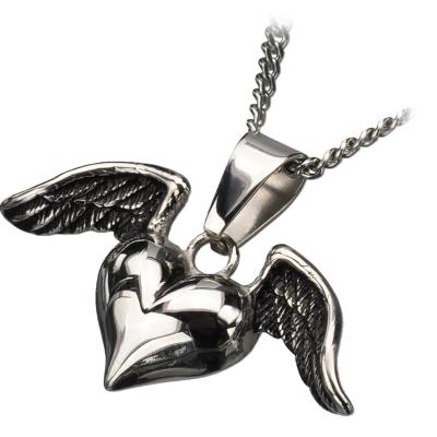 Women's Stainless Steel Black Oxidized Heart Winged Pendant. Chain included. 18" Long.