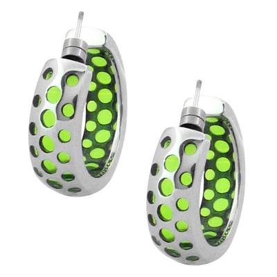 Women's Stainless Steel Green Resin Post Earrings with Steel Circle Pattern