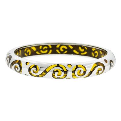 Women's Stainless Steel Yellow Resin Bangle with Steel Swirl Pattern
