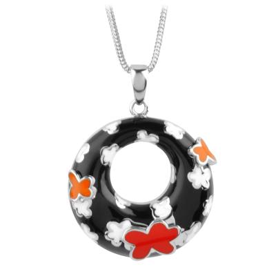 Women's Black Resin Doughnut Pendant with Colorful raised Flowers. Chain included.