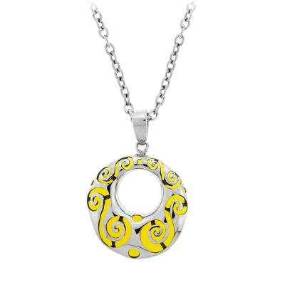 Women's Stainless Steel Yellow Resin Doughnut Pendant with Swirl Pattern. Chain included. 16-20" long.