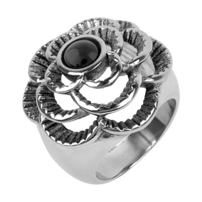 Women's Ring with a Raised Steel Tone Flower Look with a Black Agate Center Stone