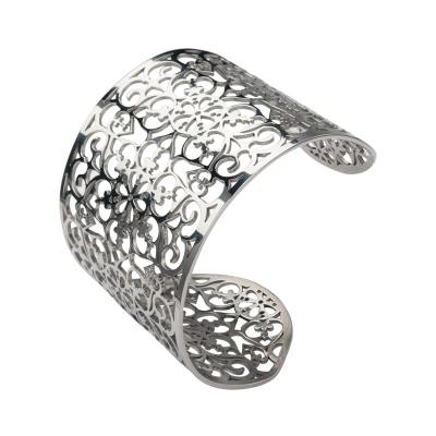 Women's Stainless Steel Black Filigree Flower Pattern Cuff Bracelet