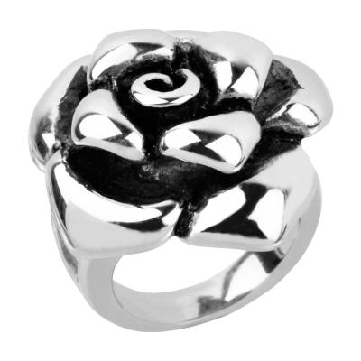 Women's 316L Stainless Steel Large Rose Ring with Antique Finish Between Petals