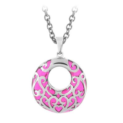 Women's Stainless Steel Pink Resin Doughnut Pendant with "S" Heart Pattern. Chain included. 16-20" Long.