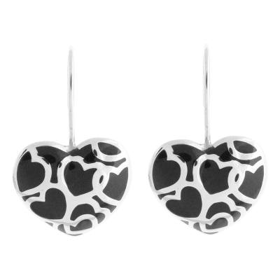 Women's Puffy Heart Black Resin Earrings with Steel Heart Design