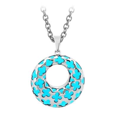Women's Stainless Steel Aqua Resin Doughnut Pendant with Clover Pattern. Chain included. 16-20" Long.
