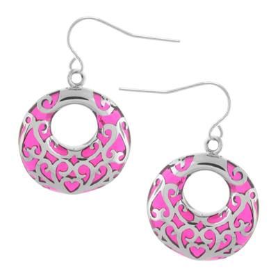 Women's Stainless Steel Pink Resin Doughnut Earrings with Steel "S" Heart Pattern