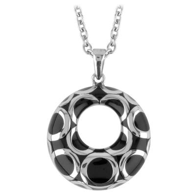 Women's Stainless Steel Black Resin Doughnut Pendant with Steel Circle Pattern. Chain included. 16-20" Long.