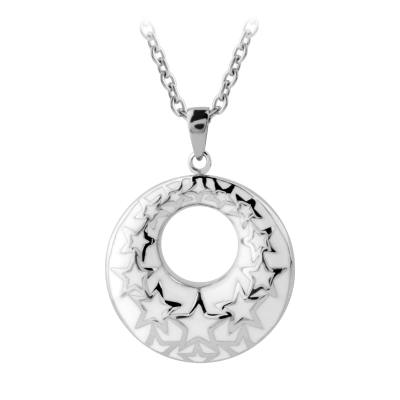 Women's Stainless Steel White Resin Doughnut Pendant with Steel Star Pattern. Chain included. 16-20" Long.