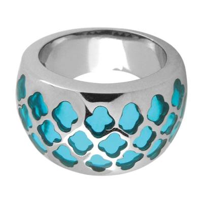 Women's 316L Stainless Steel Aqua Resin Inlaid Ring with Clover Pattern